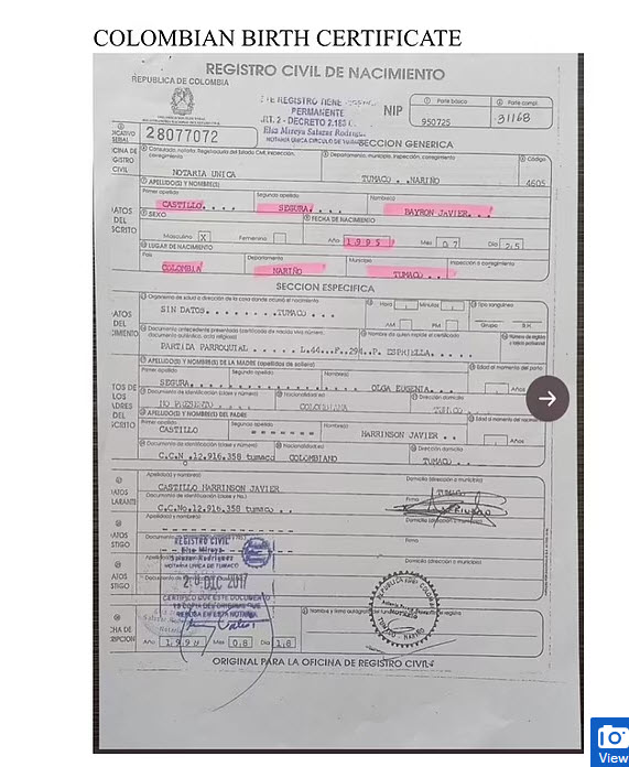 Tờ Daily Mail tung bằng chứng giấy khai sinh và tên tuổi thật của cầu thủ Castillo có quê quán ở Colombia chứ không phải Ecuador