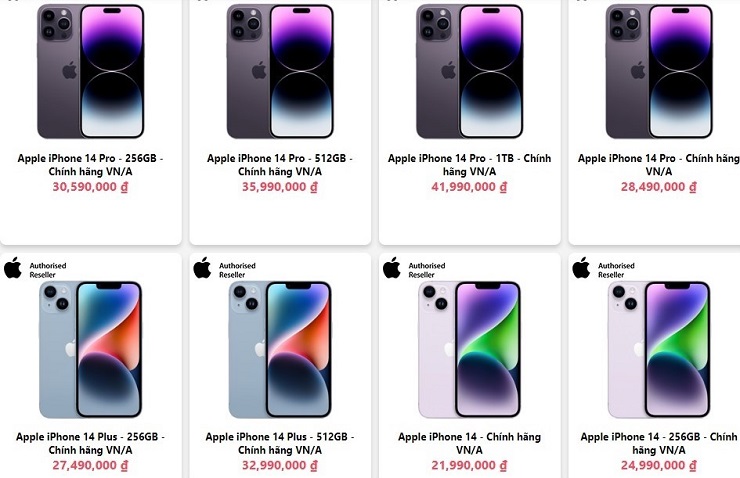 Giá bán iPhone 14 được các hệ thống bán lẻ điện thoại di động niêm yết công khai trên wesite. (Ảnh chụp màn hình).
