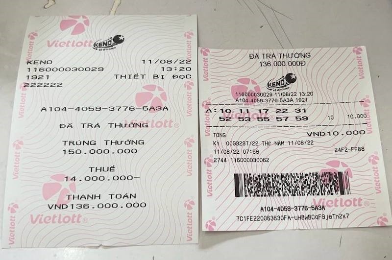 Vé số Keno gây “sốt” thị trường xổ số thời gian qua. Trong ảnh là một vé đã trúng thưởng 150 triệu đồng.