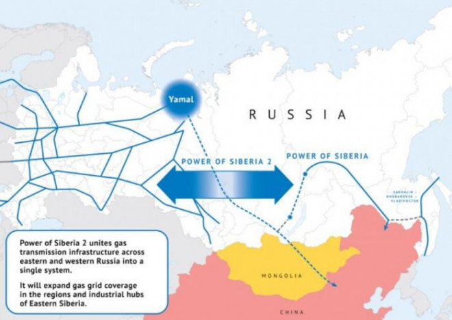 Đường ống Sức mạnh Siberia (Power of Siberia) và Sức mạnh Siberia 2 (Power of Siberia 2) từ Nga sang Trung Quốc. Ảnh - Gazprom