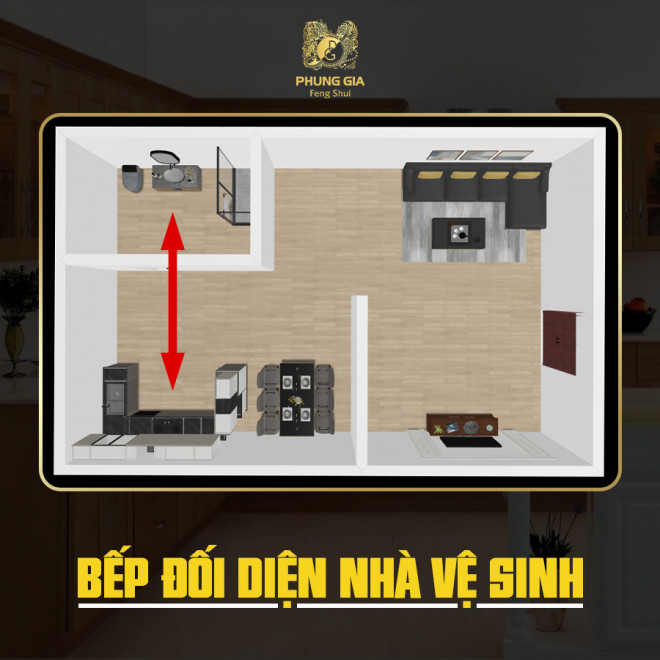 Cần hóa giải ngay đại kị bếp đối diện nhà vệ sinh. Ảnh: Phong thủy Phùng Gia cung cấp.