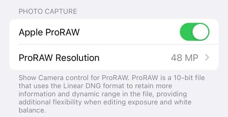 Bật tùy chọn Apple ProRAW trên iOS 16.