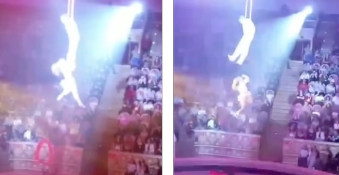 Nữ nghệ sĩ Nga rơi từ trên cao xuống trong màn trình diễn mạo hiểm.