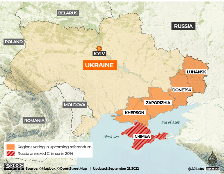 Bản đồ 4 khu vực ở Ukraine sắp tổ chức trưng cầu dân ý sáp nhập Nga (ảnh: Aljazeera)
