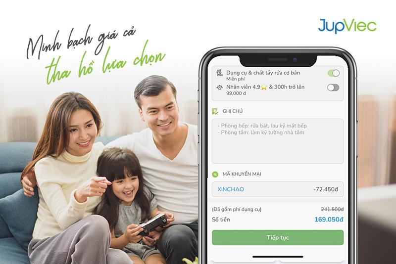 Hình ảnh giao diện đặt lịch dịch vụ giúp việc theo giờ trên ứng dụng JupViec