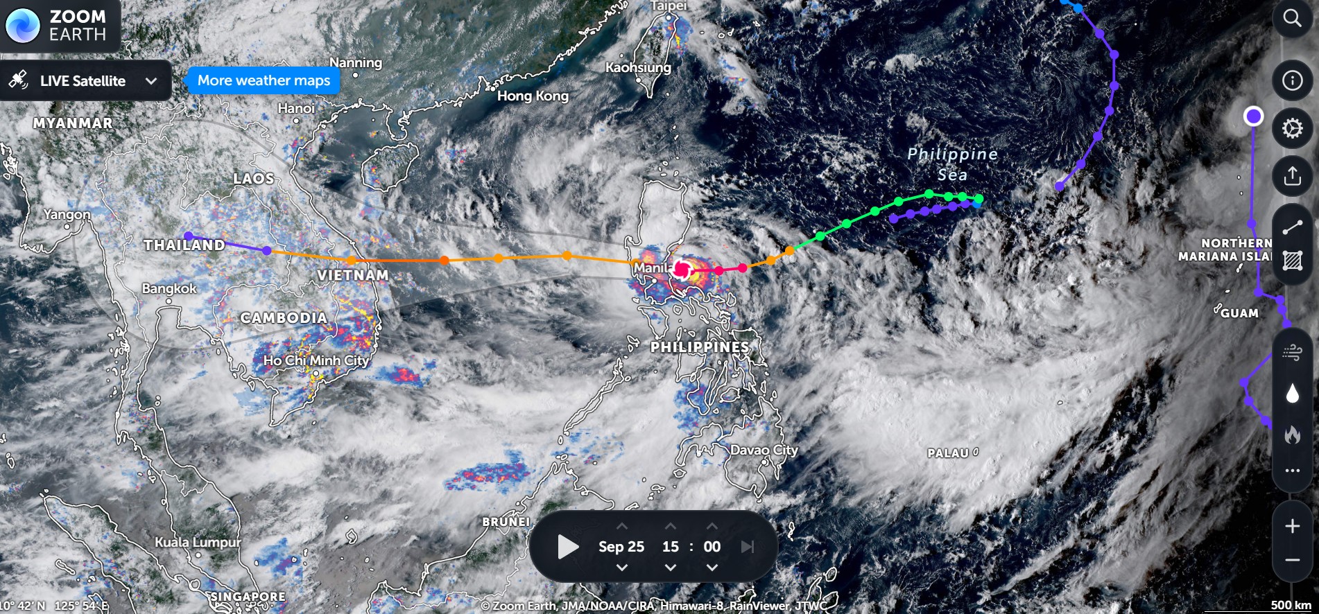 Vị trí siêu bão Noru trên bản đồ vệ tinh vào lúc 15 giờ chiều ngày 25/9 (ảnh: Zoom Earth)