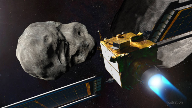 Ảnh đồ họa mô tả tàu DART và tiểu hành tinh mục tiêu - Ảnh: NASA