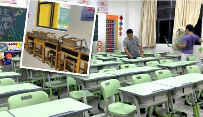 Anh Zeng đã mua những bộ bàn ghế mới với giá ưu đãi, sau đó giúp vận chuyển đến lớp học của con gái. Ảnh: SCMP