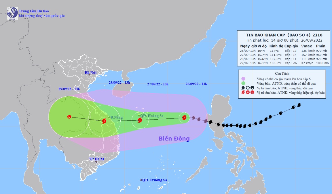 Vị trí và hướng di chuyển tiếp theo của bão số 4 Noru. (Ảnh: Trung tâm Dự báo KTTVQG)