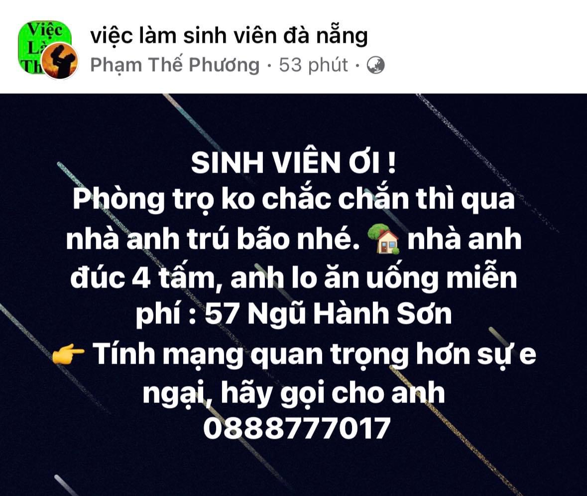 Anh Phạm Thế Phương kêu gọi mọi người đến nhà mình tránh bão trên một hội nhóm Facebook dành cho sinh viên.