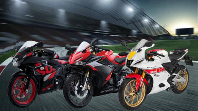 Ba mẫu sportbike giá rẻ gồm Suzuki GSX-R150, Honda CBR150R và Yamaha R15 (từ trái qua)