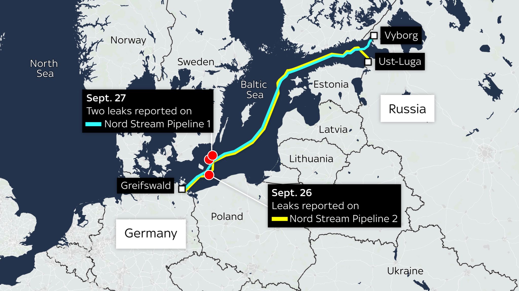 Hai vụ rò rỉ đường ống Nord Stream 1 được ghi nhận trong ngày 27/9 và một vụ rò rỉ đường ống Nord Stream 2 được ghi nhận trong ngày 26/9.