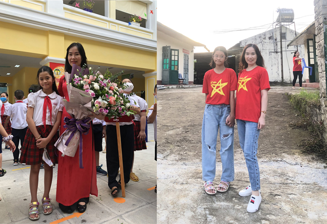 Búp chụp cùng cô giáo, chỉ cách nhau 1 năm nhưng chiều cao khác hẳn