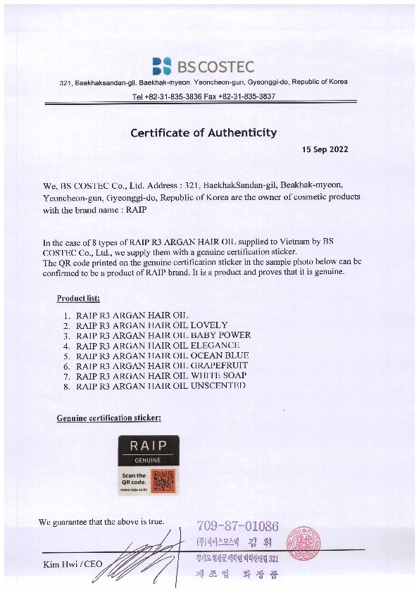 Giấy chứng nhận tem nhãn dán đính kèm của hãng RAIP
