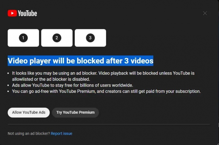 YouTube sẽ tắt video nếu bạn chặn quảng cáo. Ảnh: Reddit