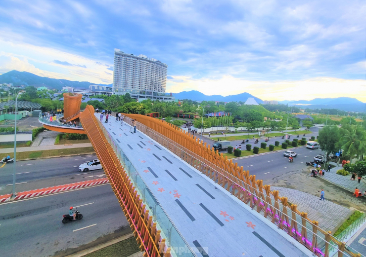 Cây cầu cao gần 13 mét, dài hơn 140 mét, diện tích sàn khoảng 655 m2. Hình dáng công trình được lấy cảm hứng từ những con sóng biển, tạo nên sự nhẹ nhàng và thư thái, đồng thời gắn kết với cảnh quan khu vực.