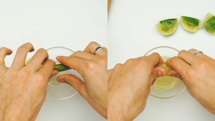 Bước 5. Vắt chanh: Với các lát ngoài cùng, bạn gấp đôi và tiến hành vắt chanh.Với phần lõi của chanh, bạn dùng tay xoắn lại rồi vắt cho sạch nước cốt nhé!