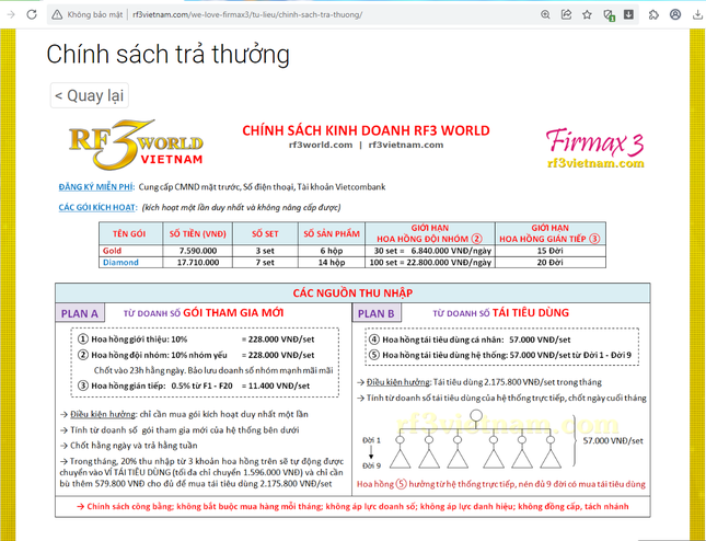 Website giới thiệu sản phẩm và cung cấp thông tin chi trả hoa hồng cho nhà đầu tư, đại lý khi tham gia vào hệ thống của RF3WORLD.