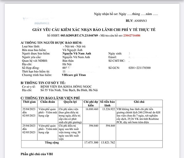 Ảnh chụp một ca chi trả từ bảo hiểm mà chị Ánh nhận được.