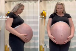 Bà mẹ mang thai 3 khoe bụng bầu ”khổng lồ” gây xôn xao