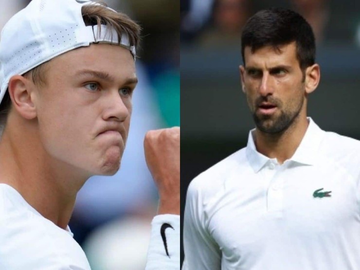 Rune (bên trái) thị uy Djokovic (phải) tại Wimbledon 2023