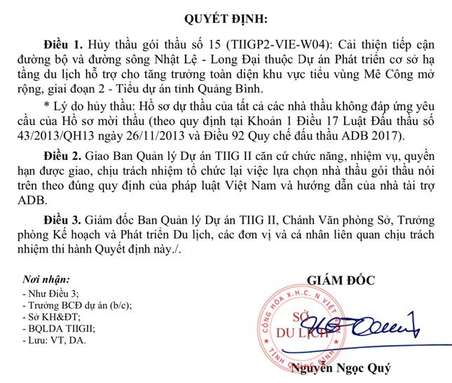 Quyết định huỷ thầu của Chủ đầu tư