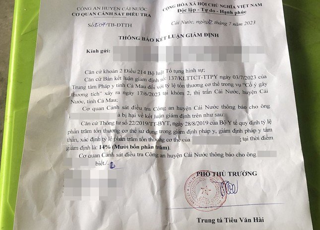 Thông báo kết luận giám định của Cơ quan CSĐT Công an huyện Cái Nước đối với ông Tr.