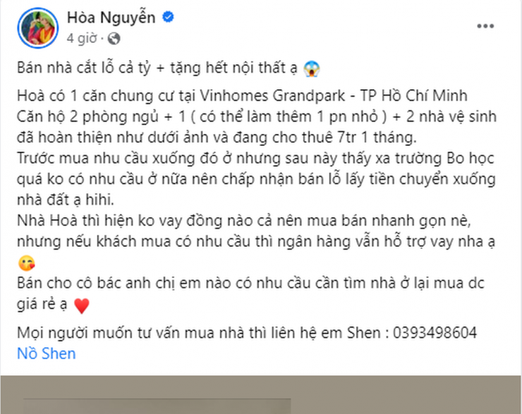 Trên trang cá nhân, ca sĩ Hoà Minzy rao bán căn hộ chung cư cao cấp tại TP HCM.