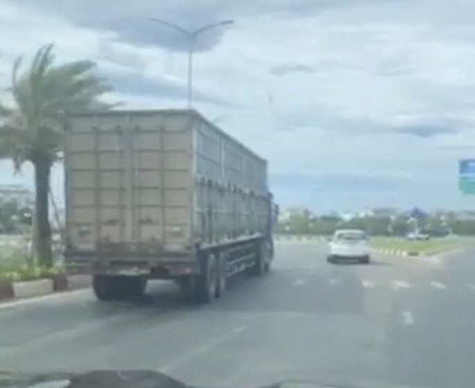 Ảnh cắt từ đoạn clip Chủ tịch UBND tỉnh Bình Định Phạm Anh Tuấn quay lại một chiếc xe chở dăm gỗ để hàng rơi vãi trên đường