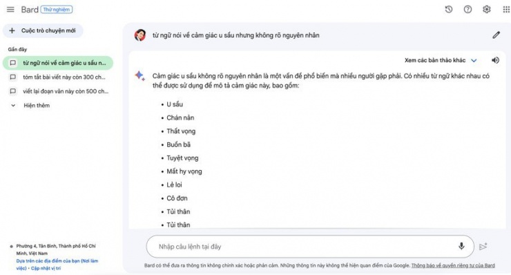 Cách tìm từ ngữ thích hợp bằng Google Bard. Ảnh: TIỂU MINH