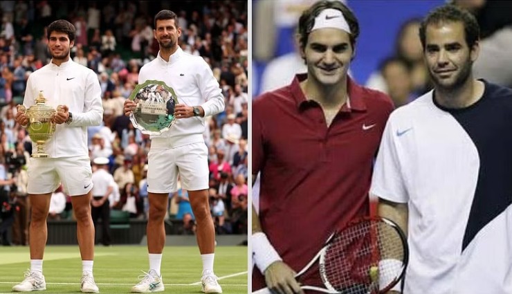 Chiến thắng của Alcaraz trước Djokovic (trái) tại Wimbledon 2023 chưa thực sự giống khi Federer đánh bại Sampras (bên phải) tại giải đấu này năm 2001