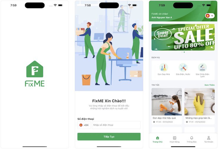 Giao diện ứng dụng FixME dành cho người dùng cuối.