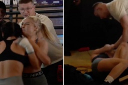 Thể thao - Nữ võ sỹ bikini chưa thượng đài đã bị đánh cho phải thở oxy