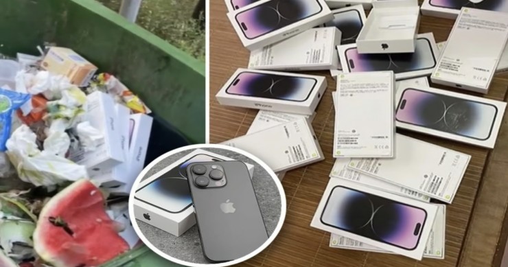 30 chiếc iPhone 14 Pro mới được phát hiện trong 2 thùng rác. Ảnh: SCMP/ Douyin
