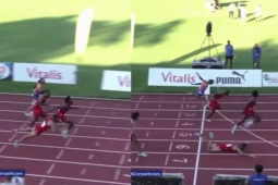 Thể thao - Nam VĐV bay người về đích "như chim", làm nóng đường chạy điền kinh