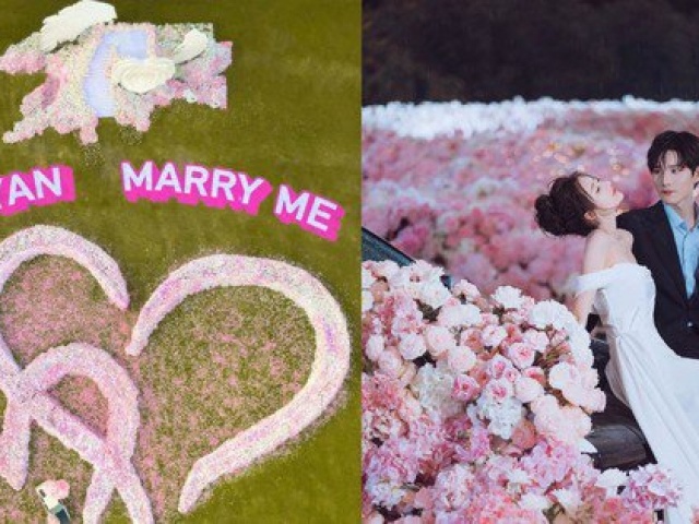 Bạn trẻ - Cuộc sống - Cặp đôi "gây bão" với màn cầu hôn chuẩn ngôn tình: Nam chính thuê trực thăng, dựng biển hoa