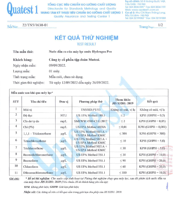 Máy lọc nước Mutosi đáp ứng các tiêu chuẩn JIS S3201
