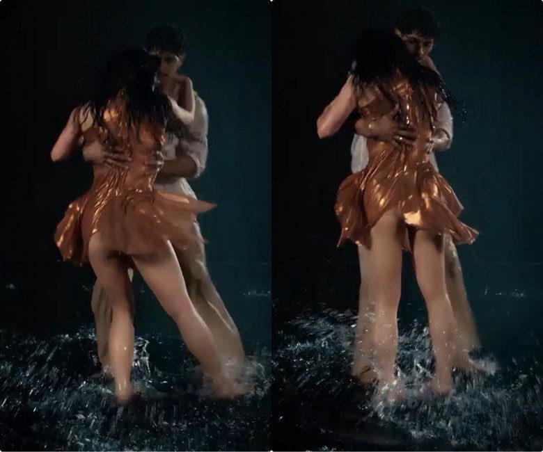 Trong cảnh quay thực hiện động tác vũ đạo dưới nước, Hương Tràm bất ngờ gặp sự cố với váy ngắn màu gold.