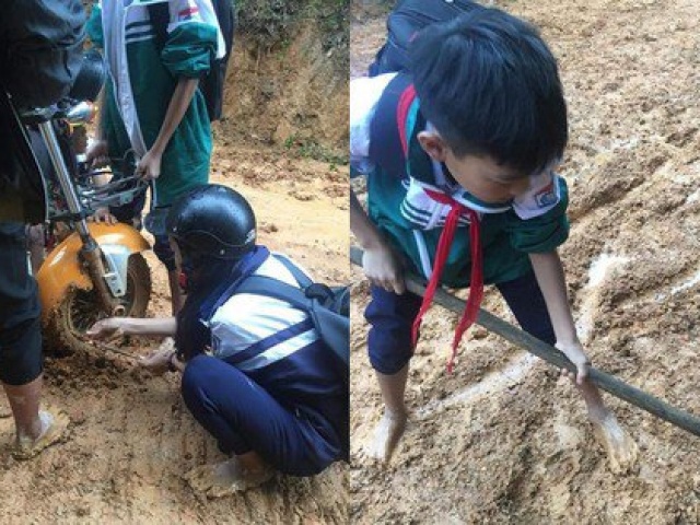 Giáo dục - du học - Xôn xao cảnh đường bùn nhão nhoét, học sinh vừa đi học vừa vác cuốc san đường