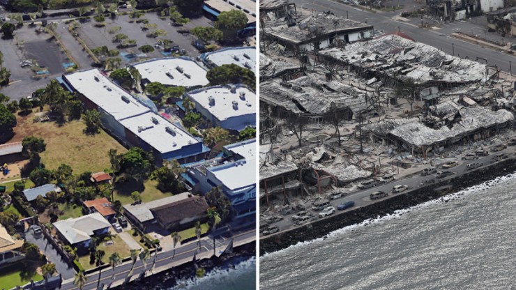 Một gốc thị trấn Lahaina trên đảo Maui, quần đảo Hawaii (Mỹ) trước và sau khi bị cháy. Ảnh: REUTERS