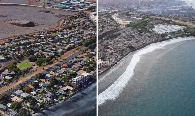 Thị trấn Lahaina trên đảo Maui, quần đảo Hawaii (Mỹ) trước và sau khi bị cháy. Ảnh: REUTERS