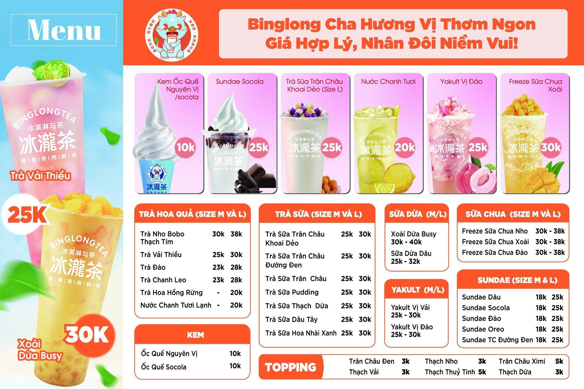 Menu trà sữa BingLong đầy hấp dẫn.