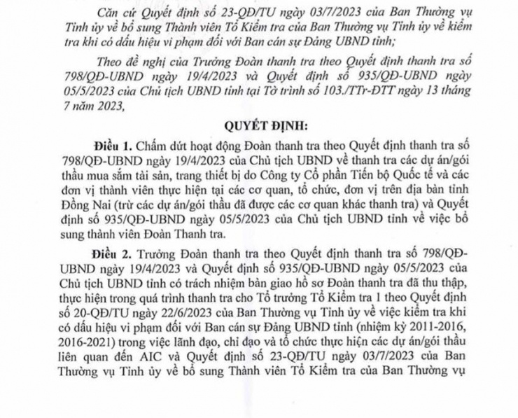 Quyết định chấm dứt hoạt động của Đoàn Thanh tra về việc thanh tra các dự án, gói thầu mua sắm tài sản, trang thiết bị do Công ty cổ phần Tiến Bộ Quốc Tế (AIC) cung cấp