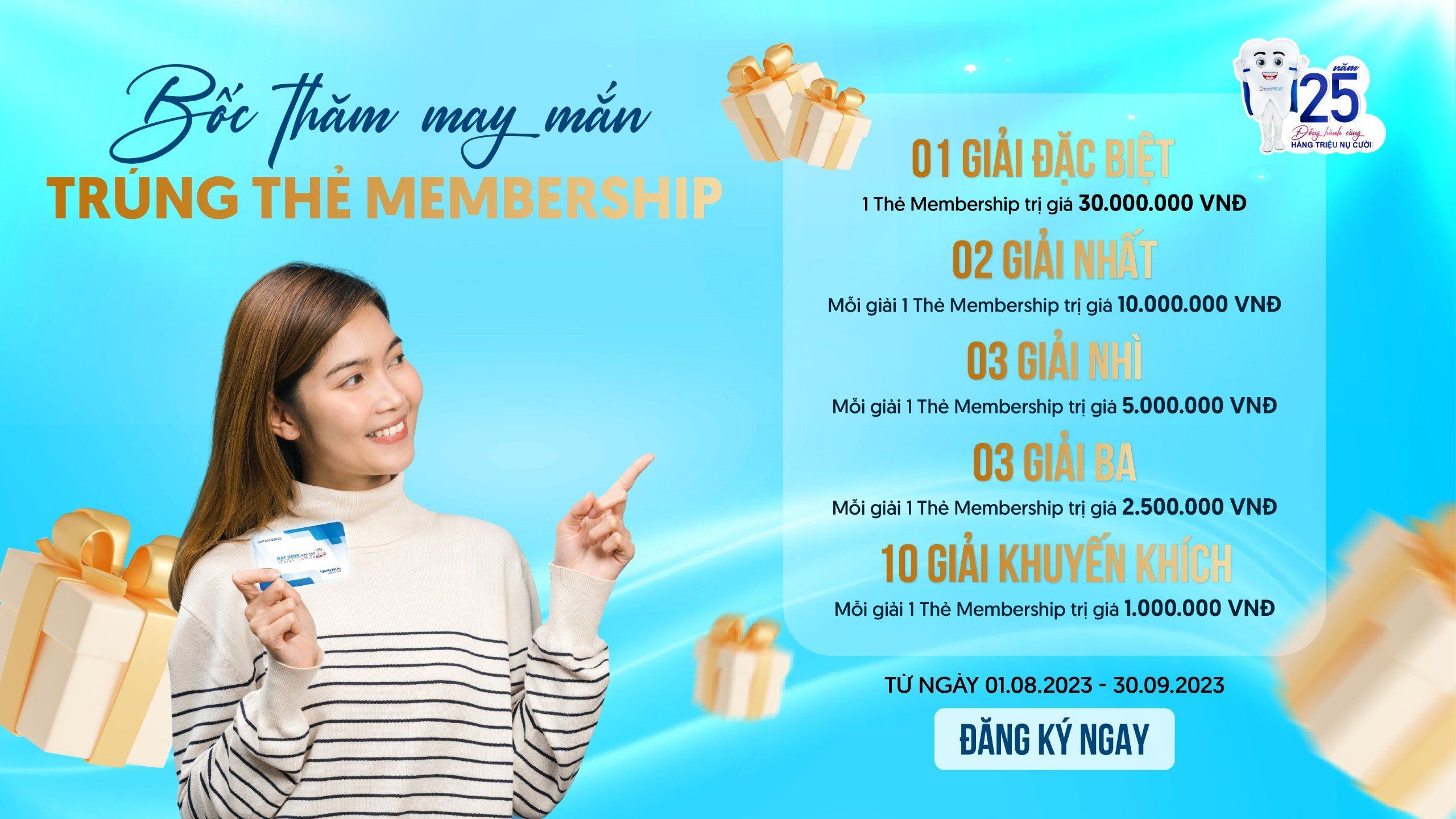 Từ ngày 01/08/2023 đến ngày 30/09/2023, với mỗi chi phí điều trị từ 10.000.000 đồng, khách hàng đến với Nha khoa Nhân Tâm sẽ được tham gia bốc thăm may mắn.