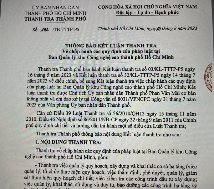 Kết luận thanh tra tại Ban Quản lý Khu Công nghệ cao TP HCM