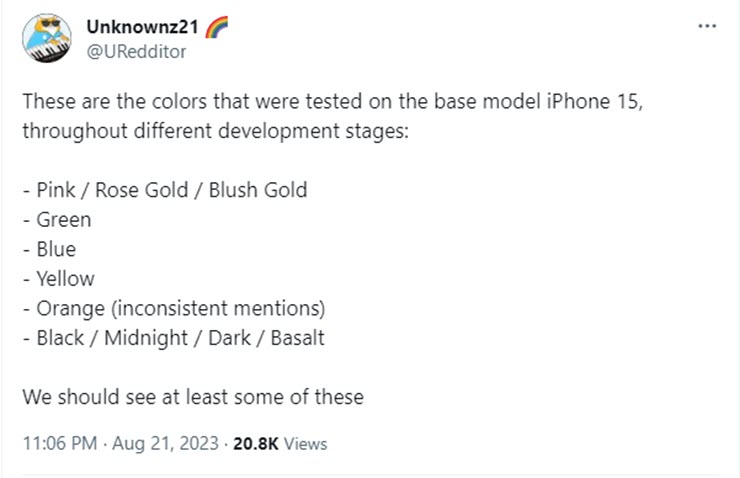 Tin tức rò rỉ về những màu sắc mà Apple đã thử nghiệm trên iPhone 15.