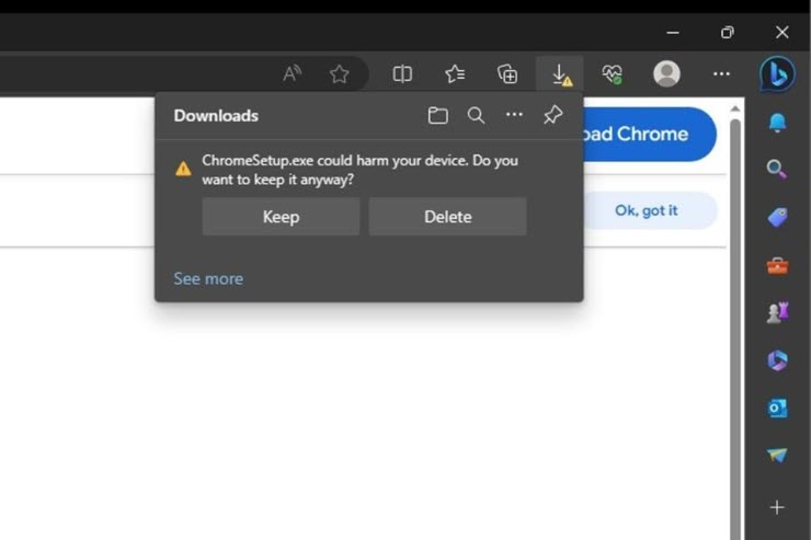 Trình duyệt Edge liệt tệp cài đặt Chrome vào danh mục có khả năng gây hại cho máy tính.