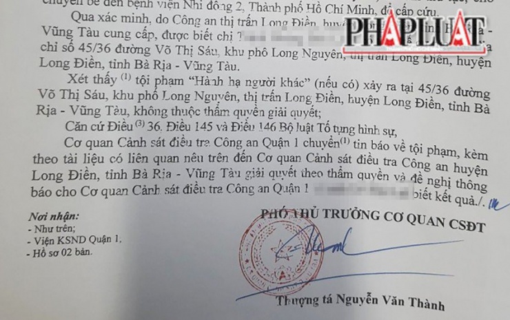 Phiếu chuyển tin báo tố giác tội phạm của Công an quận 1, TP.HCM đã đến Công an huyện Long Điền vào ngày 27-7. Ảnh T.K
