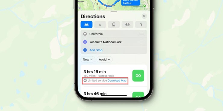 Liên kết tải về bản đồ ngoại tuyến được gợi ý khi Apple Maps phát hiện dịch vụ di động sẽ kém trên đường đi.