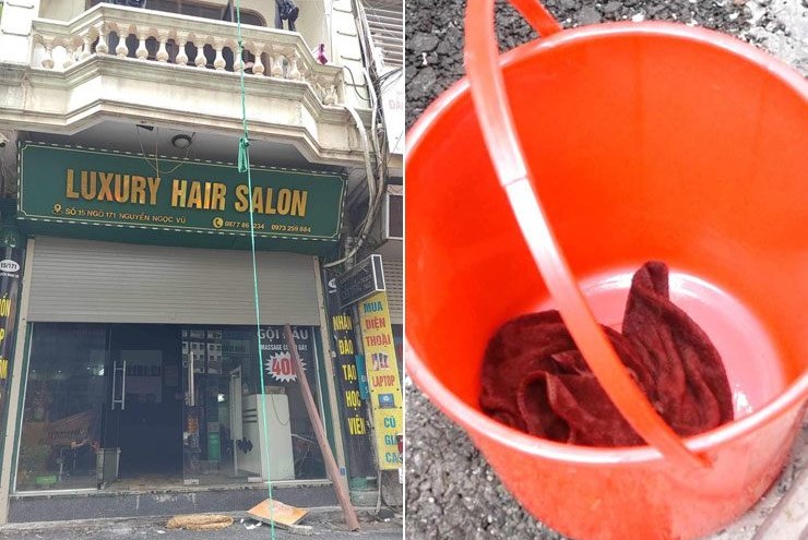 Chiếc xô và sợi dây bà M. dùng để thả cháu từ trên cao xuống.